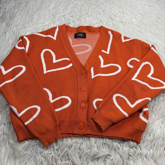 Cider Sweaters - Cider Women's L Orange Cropped Boxy Heart Print Button Cardigan Dopamine Whimsy